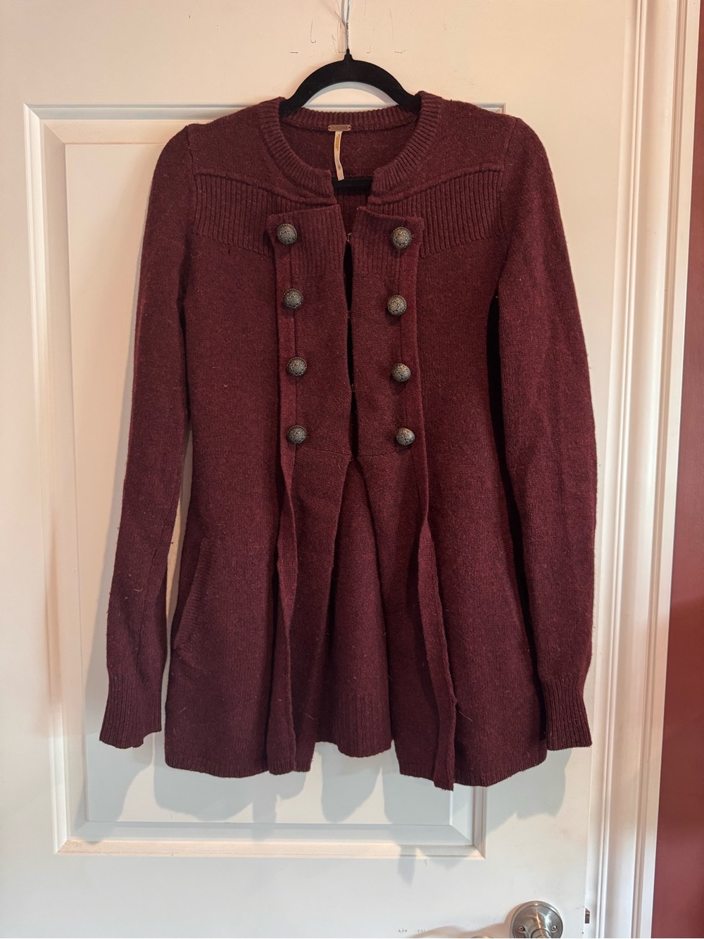 Free People Women's Burgundy Button-Front Knit Sweater Coat